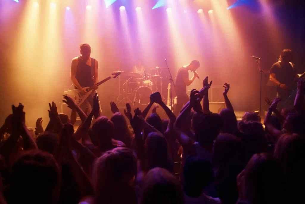 Rock band performing live in front of cheering crowd at a 2025 concert in the USA
