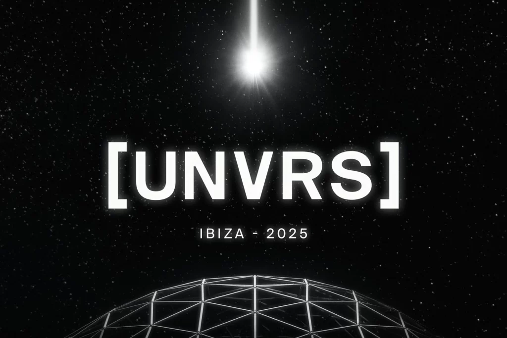 UNVRS Ibiza main stage with crowd and fireworks during a 2025 party night