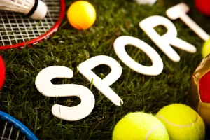 Multisport photo with tennis balls, racket, and word sport on grass for sports tickets USA 2025